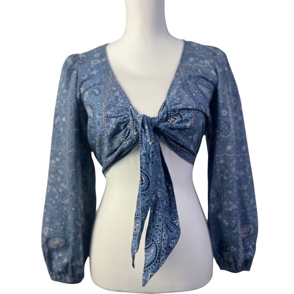 American Eagle Boho Blue Paisley Print Tie Front Crop Top Long Sleeve XS